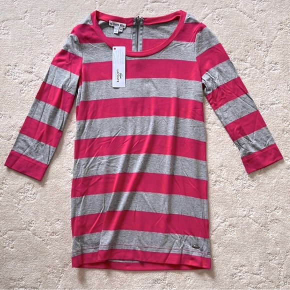 LACOSTE Pink & Gray Stripe Long T-Shirt w/Metal Logo on Bottom Left of shirt NWT